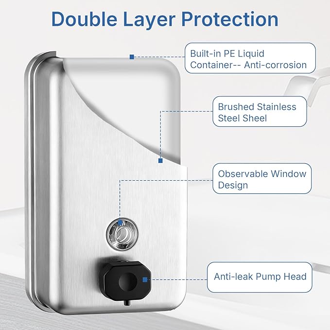 Commercial Soap Dispenser Wall Mounted, 37oz Stainless Steel Hand Soap Dsipenser, Liquid Manual Anti-Leak Pump Soap Dispenser, Rust-Proof Lining Liquid Hand Sanitizer Dispenser for Bathroom