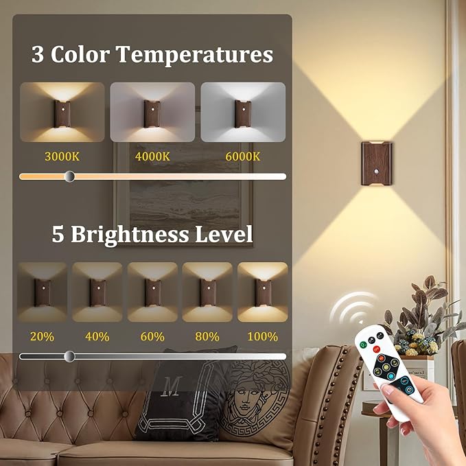 4 Pack Battery Powered Motion Sensor Wall Sconces: 5000mAh Rechargeable LED Wall Light with Remote, Magnetic Motion Sensored Stair Light Indoor Wireless Sconce for Hallway Bedroom Bedside, Walnut