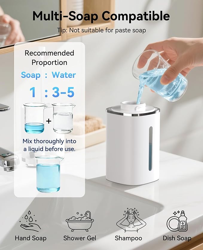 Luxspire Automatic Foaming Soap Dispenser, Touchless Foam Soap Dispenser, Rechargeabled 9 Adjustable Levels & IPX5 Waterproof Wall Mounted 420ml Soap Container for Bathroom, Kitchen and Hotel, White