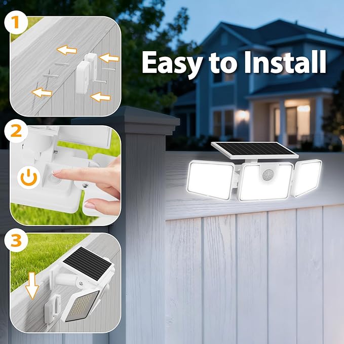 INCX Solar Lights Outdoor with Motion Sensor, 3 Heads Security Lights Solar Powered, 156 LED Flood Light Motion Detected Spotlight for Garage Yard Entryways Patio, IP65 Waterproof, White, 4 Pack.
