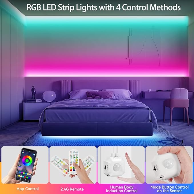 9.8Ft RGB LED Strip Lights, Motion Sensor Under Bed Lights, Indoor Usage, USB Powered, 3 Modes, App Control, RF Remote, SMD5050, for Bedroom, Kitchen, Stairs