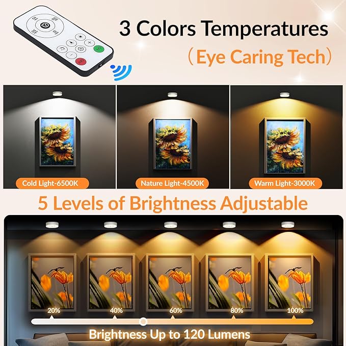Under Cabinet Lighting, 1500mAh Rechargeable Motion Sensor Puck Lights with Remote, 3 Color Temper, Magnetic Stick on Light, Dimmable Under Counter Lights for Kitchen, Shelf, Stair(6P)