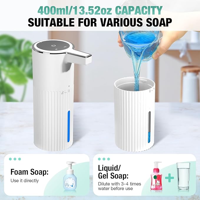 2 Pack Automatic Soap Dispenser: 14oz Plastic - Foaming Touchless 4 Level Adjustable Wall Mount Foam White Rechargeable Electric Auto Smart Soap Dispenser Set - Bathroom Kitchen Hand Dish Lotion