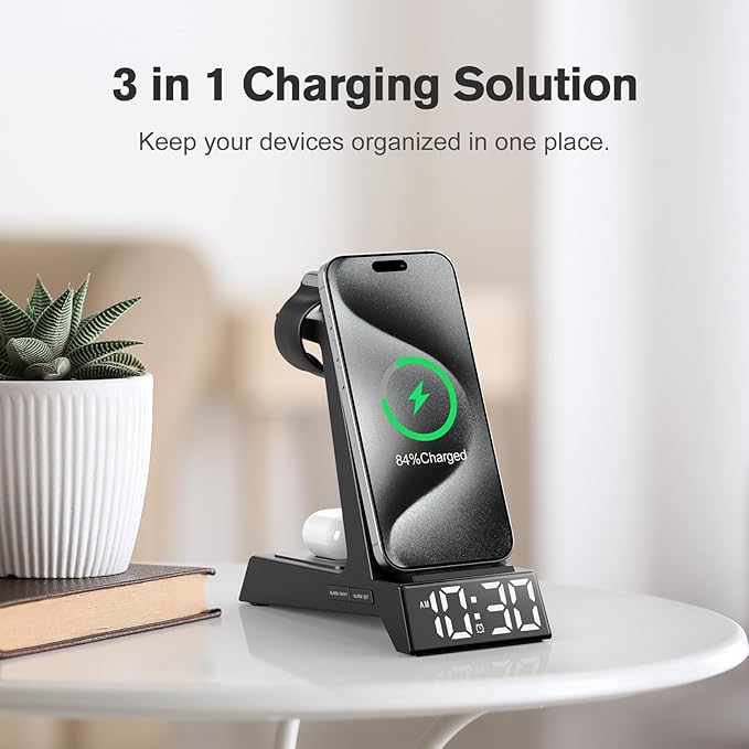 ANJANK 4 in 1 Wireless Charging Station Alarm Clock, Charging Dock for Apple Devices, Charger Stand for iPhone 17 Air 16 15 14 13 12 Series for Apple Watch 11 10 9 8 7 6 5 UItra/SE & AirPods, Dimmable