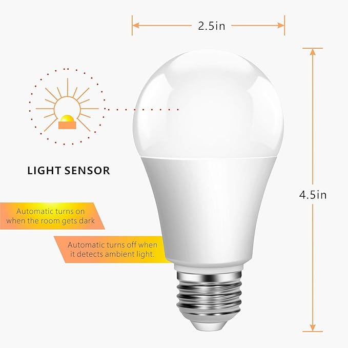 Torkase Outdoor Dusk to Dawn Light Bulbs, 13W(100W Equivalent), E26 3000K, Built-in Photocell Detector, Automatic On/Off, Smart Sensor LED Lighting Bulb for Porch Hallway Garage Boundary-6 Pack
