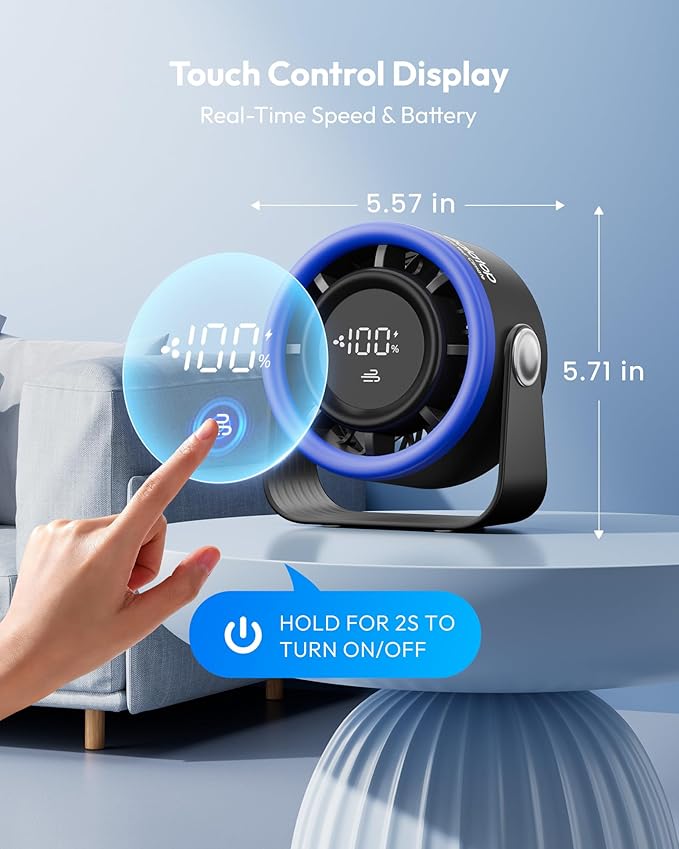 Gaiatop Small Desk Fan Rechargeable, Quiet Personal Table Fan, Touch Control Display, 360° Tilt, 5-Speed Strong Wind, 4000mAh Battery, Small Fans for Bedroom Dorm Office, Gifts for Women Men, Blue