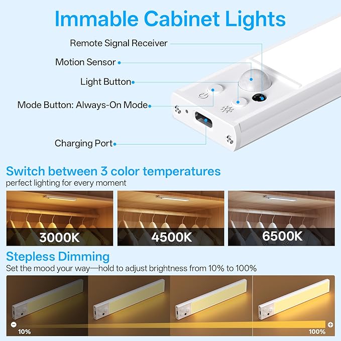Under Cabinet Lighting with Charging Station,Motion Sensor Light Indoor with Remote,3Colors Temps Dimmable Rechargeable Wireless LED Lights for Bedroom Kitchen 3Pack