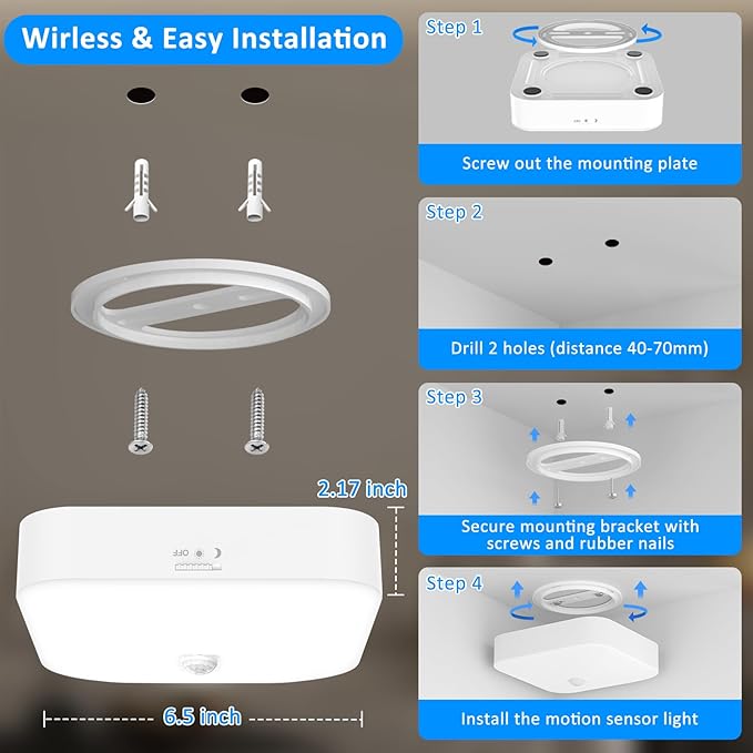 TOOWELL Rechargeable Motion Sensor Closet Light - 10000mAh Battery Operated Ceiling Light,500LM Warm White Wireless Ceiling Lights for Closet Shower Bathroom Pantry Hallway Porch Stair 3000K