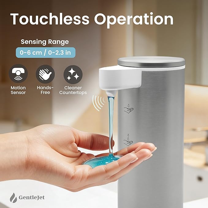 GentleJet OpalDrop Automatic Liquid Soap Dispenser for Kitchen Sink Touchless No-Drip Pump, USB-C Rechargeable, 304 Stainless Steel, IPX5 Water-Resistant, 270 ml