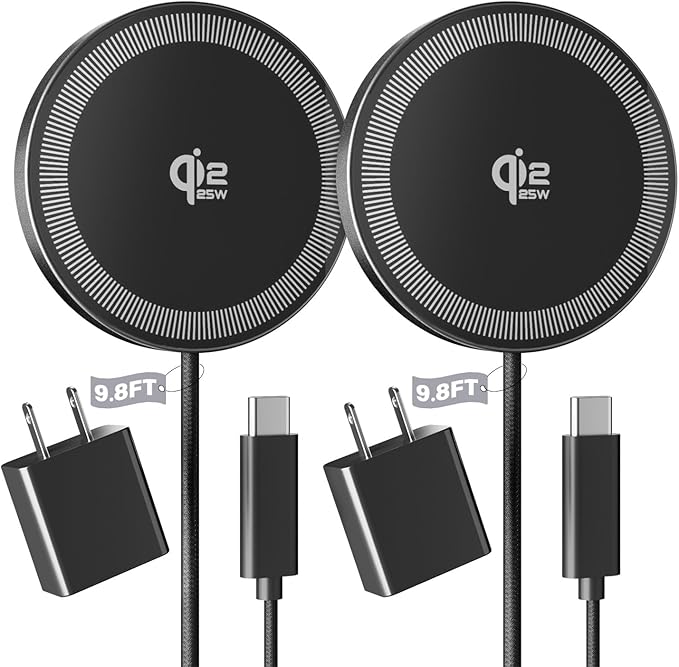 2Pack Magnetic Wireless Charger 25W Fast Charger for iPhone 17/16/15/14/13/12 Series & AirPods, Portable Wireless Charging Pad for Travel Home Office Desk, 9.8FT-Black with Plug