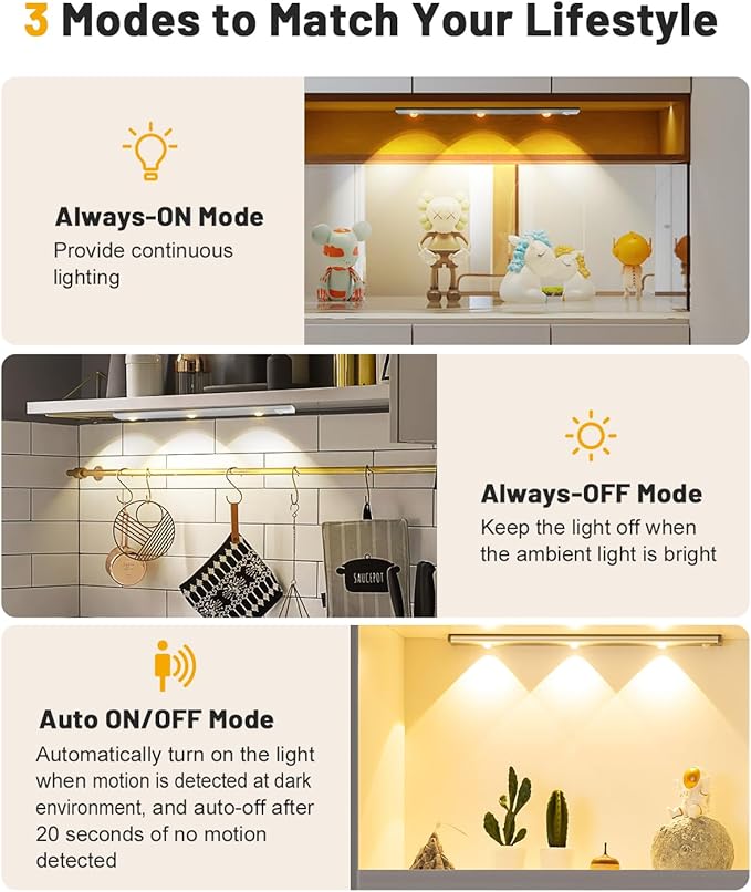 Pak Under Cabinet Lights, Rechargeable Motion Sensor Light Indoor, Wireless and 3-Color Dimmable with Cat’s Eye Hill Effect, for Display Cabinets, Showcases, Wine Racks, 2 Pack, Silver