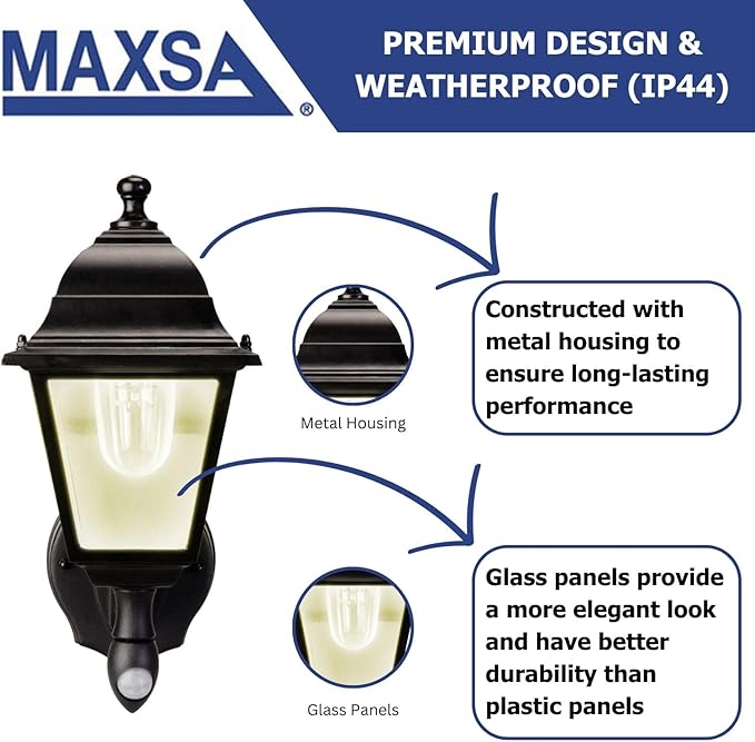 Maxsa 43319 Premium Battery-Powered Motion-Activated Decorative Outdoor Warm White LED Wall Sconce Lighting Fixture, Metal Housing, Black