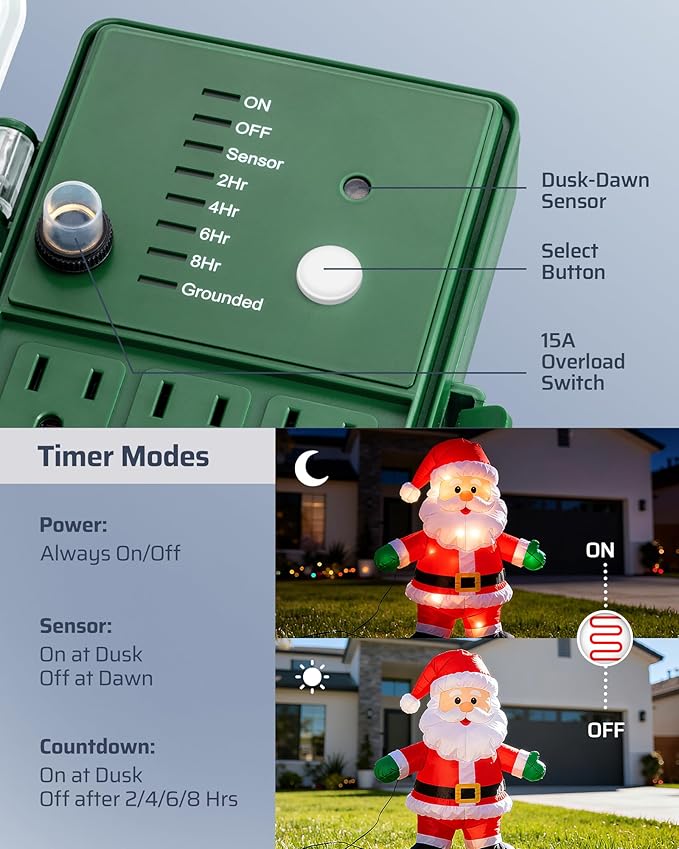 DEWENWILS Outdoor Power Stake Timer, Waterproof Dusk to Dawn Timer with 6 Grounded Outlets, 6FT Extension Cord, 1800W/15A Heavy Duty Outlet for Lights, Yard, Garden, ETL Listed
