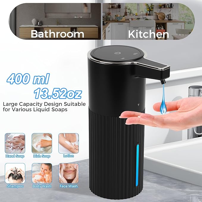 Automatic Liquid Soap Dispenser, 13.52oz/400ml Rechargeable Touchless Smart Lotion Soap Dispenser, Hand Dish Soap Dispensers for Bathroom & Kitchen - Wall Mounted, 4 Adjustable Level, IPX5 Waterproof