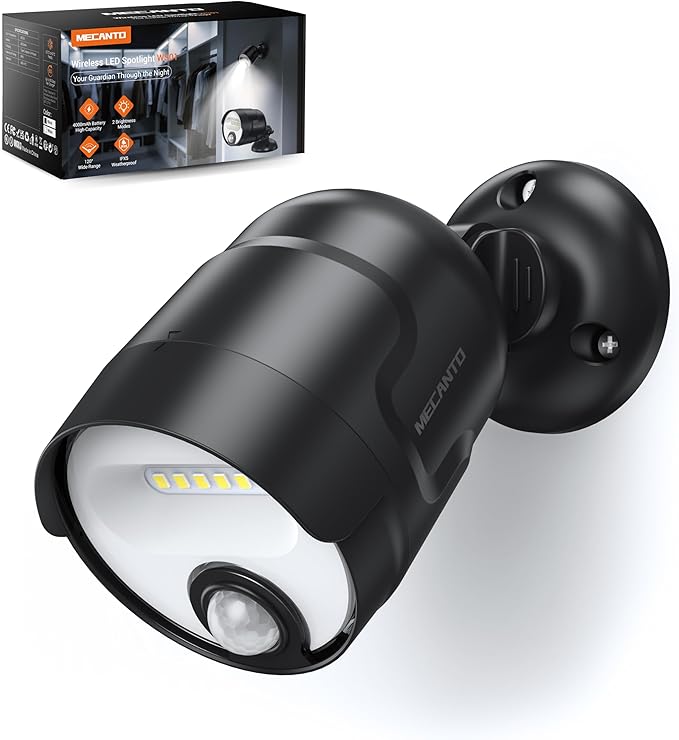 Battery Operated Motion Sensor Light Outdoor, 4000mAh Rechargeable 600 Lumen Battery Powered Spotlight Outdoor Waterproof for Porch, Garage, House (Black)