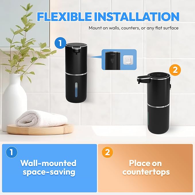 2 Pack Automatic Foaming Soap Dispenser,Touchless Foam Soap Dispenser,12.8oz Rechargeable Wall Mounted Smart for Bathroom and Kitchen Dish Soap,Easy for Toddlers(Black)