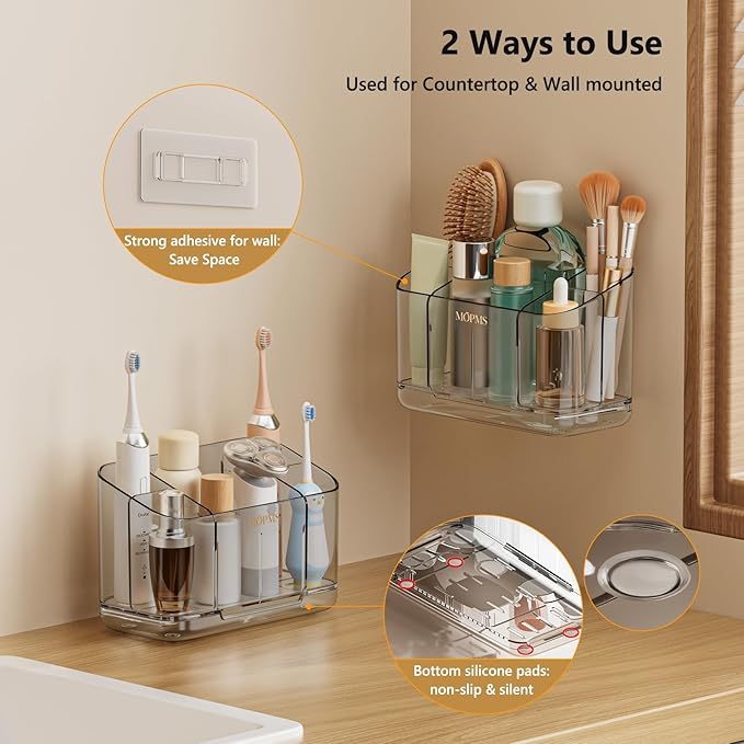 MOPMS Toothbrush Holders for Bathrooms, 5 Slots Adjustable Divider Tooth Brush and Toothpaste Holder for Easy Clean, Wall Mounted & Countertop Organizer with Drain Tray for Shower/Kitchen