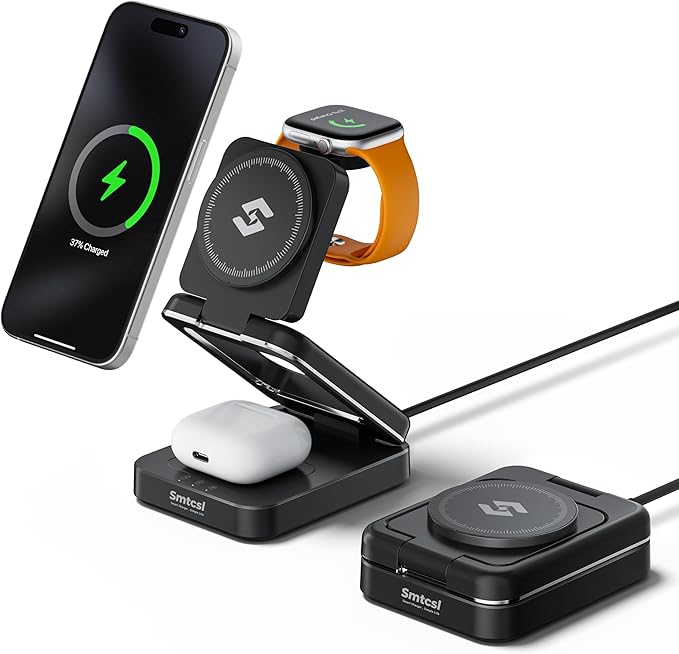Smtcsl 3-in-1 Foldable Wireless Charging Station: Magnetic Charger Pad Compatible with Phone air 17 16 15 14 13 12 Series/Watch/Air Pods - Portable Folding Stand for Travel