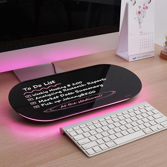 TSJ OFFICE Glass Desktop Whiteboard - 17 X 7 Inches Small Dry Erase Board with Pink Light, Black Glass White Board Surface Notepad with 1 Drawer, Desk Organizers for Office, Home, School Supplies