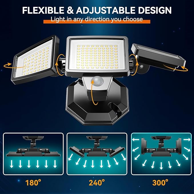 LED Security Lights Motion Sensor Outdoor Lights, 6500K Daylight, IP65 Waterproof, Dusk to Dawn, 3-Head Motion Detected Flood Light for Garage, Yard, Porch, 2Pack