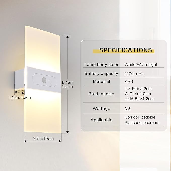 Rechargeable Wall Sconces Set Of Two Battery Operated，Magnetic Motion Sensor night Lights Indoor ,Battery Operated White Shell Warm White LED Dimmable Wall lights for living room,Hallway,Stair
