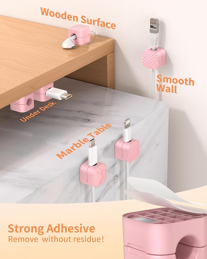 9Pack Cable Organizer Clips, Magnetic Cable Holder (1s Lock), XOVRAETH Strong Adhesive Wire Management for Desk, Nightstand, Living Room, Kitchen, Office, Car(Pinks)