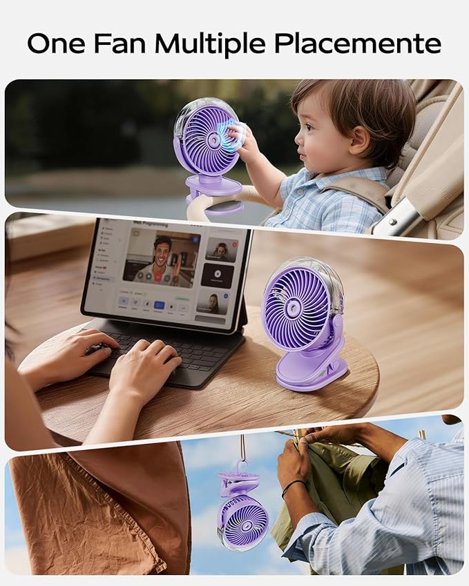 SWEETFULL Portable Misting Clip On Fan, USB-C Rechargeable Mini Personal Cooling Fan with 4 Speeds, 360° Rotatable, Quiet Cooling for Outdoor, Camping, Golf Cart, Travel, Stroller & Desk (Purple)