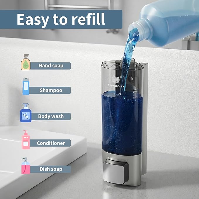 Manual Soap Dispenser Wall Mount, 6.76oz/200ml Liquid Soap Dispenser for Kitchen, No Drill Bathroom Shampoo and Conditioner Dispenser, Refillable Hand Sanitizer Dispenser for Home & Office (Sliver)