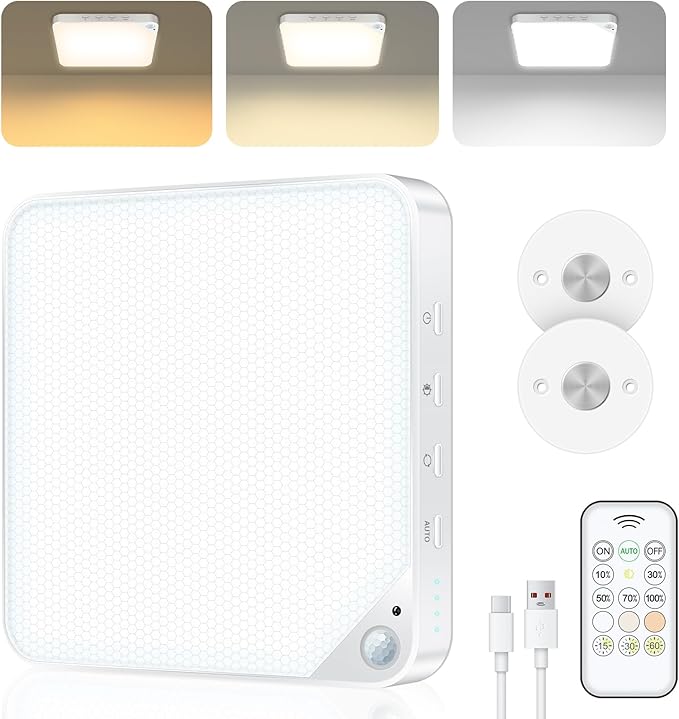 Rechargeable 8W Motion Sensor Ceiling Light Indoor, Wireless Magnetic Stick on Closet Light, Remote Control for Color & Brightness, Battery Operated Light for Shower, Bathroom, Pantry, Hallway, 1-Pack