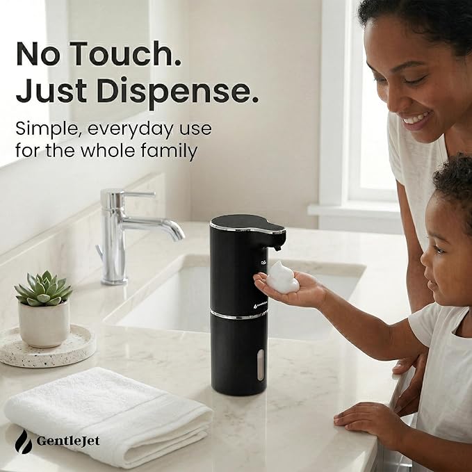 GentleJet JetFoam Automatic Foam Soap Dispenser Touchless Sensor, USB-C Rechargeable, Adjustable Output, IPX5 Waterproof, 300 ml, Bathroom & Kitchen Countertop