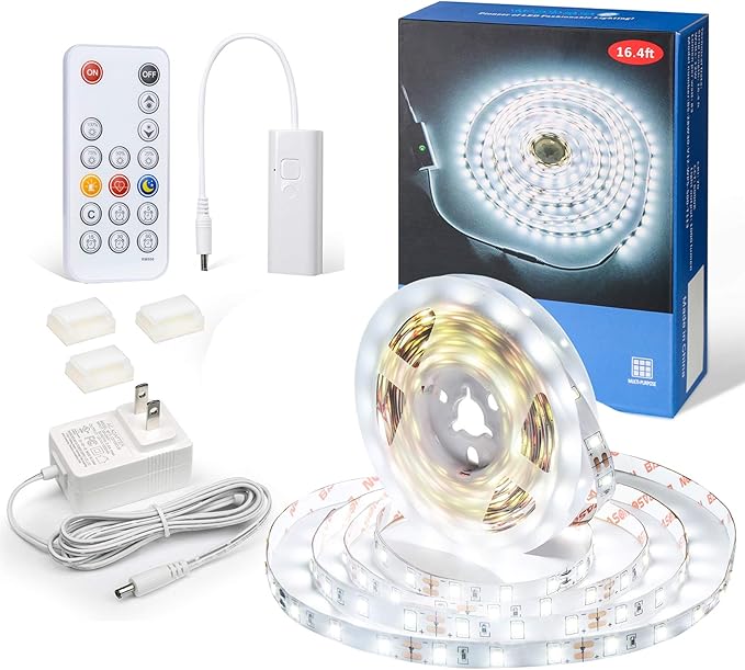 WOBANE White LED Strip Lights, Dimmable LED Light Strip Kit, 16.4ft Flexible Tape Lights for Bedroom,Kitchen,Under Cabinet,Bright 6500K Daylight, LED Mirror Lighting for Vanity Makeup Dressing Table