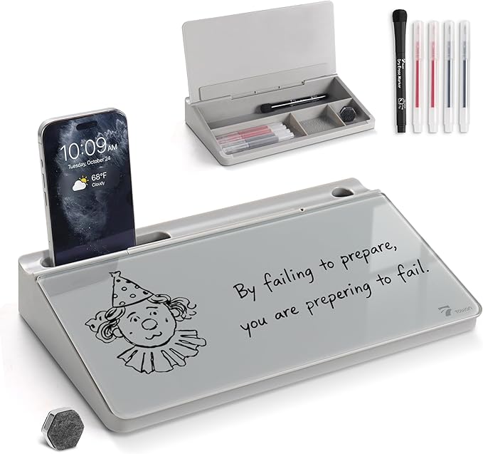 TOWON Small Compact Glass Desktop Whiteboard with Storage – 12 x 7 in Dry Erase Board for Desk, Home Office, School | Includes 5 Markers, Eraser & Holder | Space-Saving Organizer, Aesthetic Gray