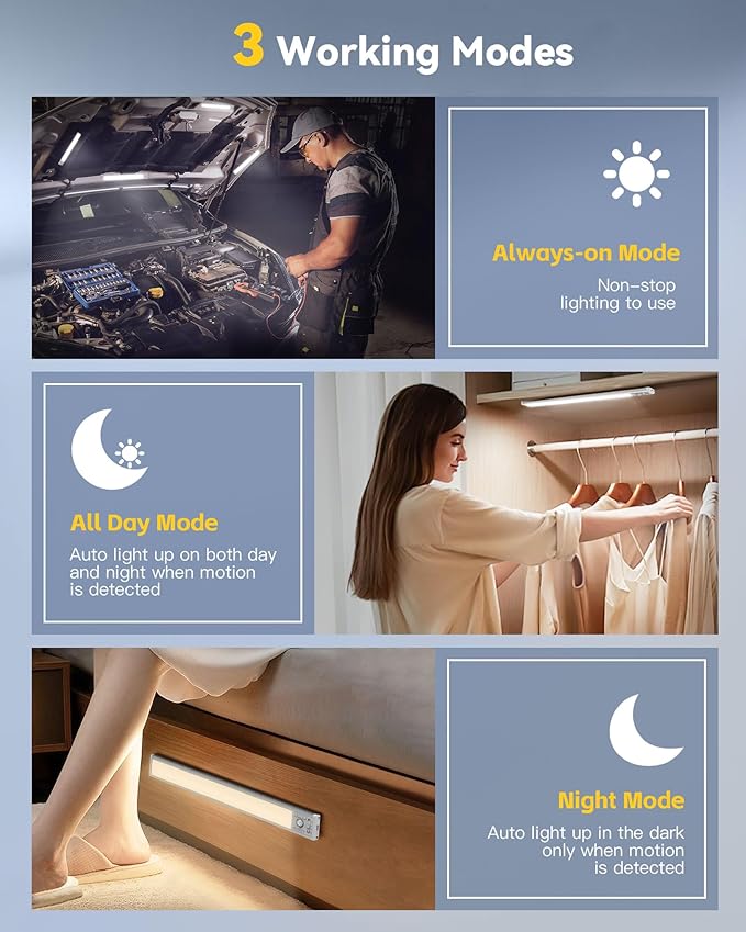 OTWKAY 14.5inch Under Cabinet Lighting with 3 Color Temps, 2 Pack Rechargeable Motion Sensor Lights Indoor, Dimmable Under Counter Lights for Kitchen, Closet