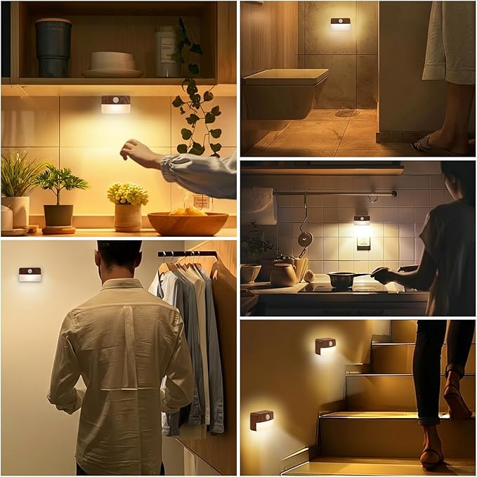 Guankai 8 Pack Motion Sensor Stair Light for Indoor, Battery Operated Closet Lights, Wireless Stick on Anywhere Hallway Lamp, Portable Led Night Lamps for Bedroom Under Cabinet Kitchen, Wood Grain