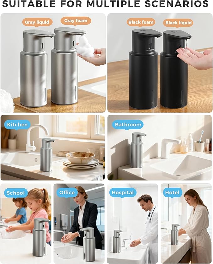 Automatic Foaming Soap Dispenser Touchless, 304 Stainless Steel Bottle Body &16.2oz/480ml Rechargeable, 3 Adjustable Liquid Levels, IPX7 Waterproof, for Kitchen Bathroom, Stainless Steel