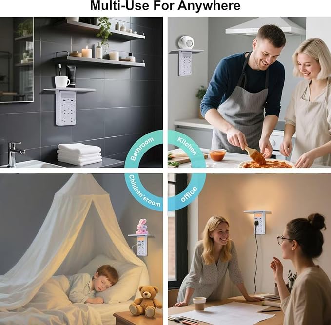 Wall Outlet Extender with Shelf and Night Light, Surge Protector with 3 USB Ports (2A+1C) and 6 AC Outlets, Multi Plug Power Strip Electric Outlet Splitter for Home and Office Use, White