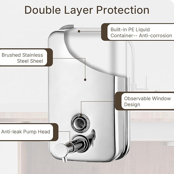 Stainless Steel Soap Dispenser Wall Mounted, 27oz Commercial Hand Soap Dsipenser, Manual Anti-Leak Pump Liquid Soap Dispenser, Rust-Proof Lining Hand Sanitizer Lotion Dispenser for Bathroom (27 OZ)
