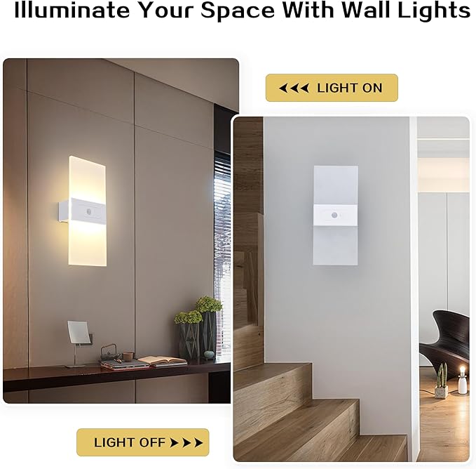 Rechargeable Wall Sconces Set Of Two Battery Operated，Magnetic Motion Sensor night Lights Indoor ,Battery Operated White Shell Warm White LED Dimmable Wall lights for living room,Hallway,Stair