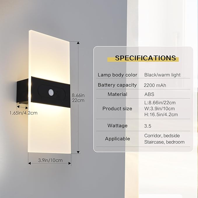 Rechargeable Battery Operated Wall Sconces Set of 2,Magnetic Wireless Led Wall Lamp, Motion Sensor Wall Lights Indoor Dimmable Night Light with Switch for Bedroom,Living Room,Hallway,Stair