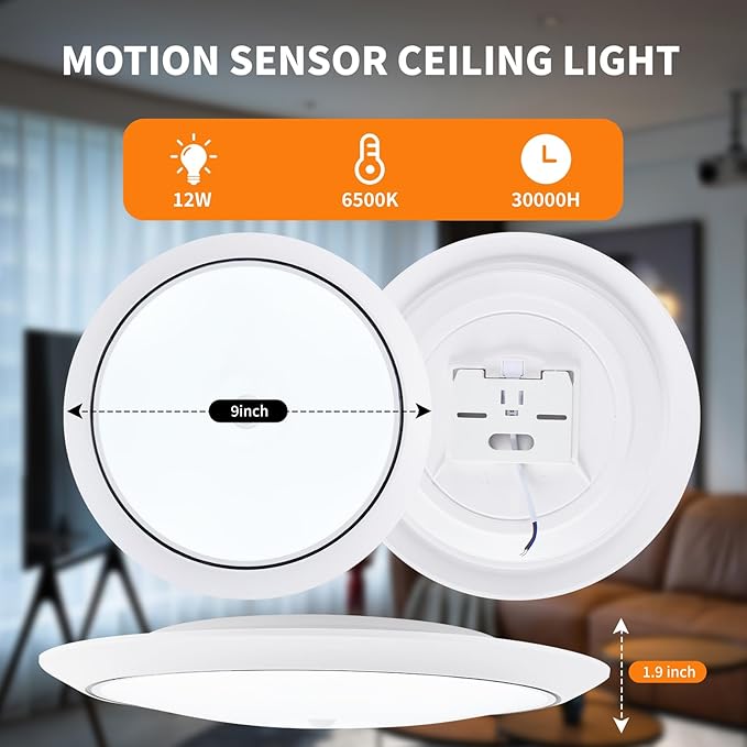 Motion Sensor Ceiling Light Wired, 9 Inch Flush Mount Ceiling Light 6500K Closet Lights, 12W LED Motion Sensor Light Indoor for Stair Closet Porch Hallway Laundry