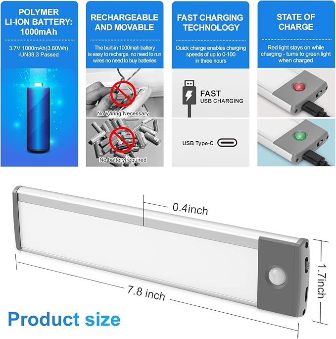 RXWLKJ 30-LED Under Cabinet Lights,USB Rechargeable Kitchen Night Light,Battery Operated Counter Closet Lighting,Wireless Motion Activated Light for Cabinets Cupboard Pantry(Warm Light 2Pack