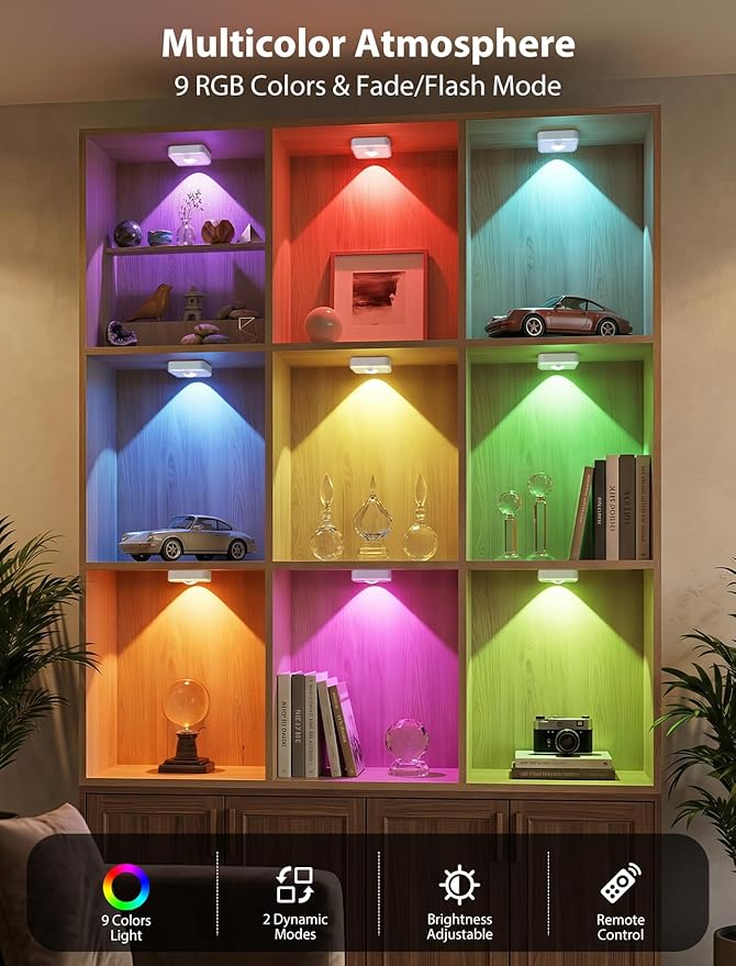 GBEAST 3 Pack Under Cabinet Lighting, Rechargeable Motion Sensor Puck Lights with Remote Control, 3 Color Temps & 9 RGB Colors, Magnetic Stick on Dimmable LED Closet Light for Kitchen Shelf Bedroom