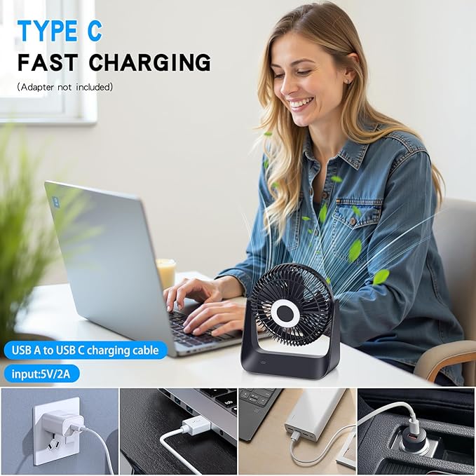 5000mAh Small Desk Fan 6-Inch, Portable Desktop Fan with Intelligent temperature control function,Small Battery Operated USB Fan with Light & Hook for Bedroom, Home, Office, Travel & Cruise