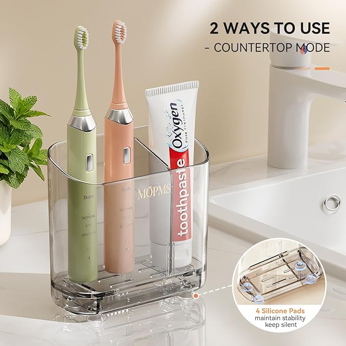 Toothbrush Holders with Drainage for Bathroom Countertop Organizer, 2 Slots Electric Toothbrush Holder Wall-Mount with Divider for Easy Clean, Tooth Brush and Toothpaste Holder for Bathroom Kitchen