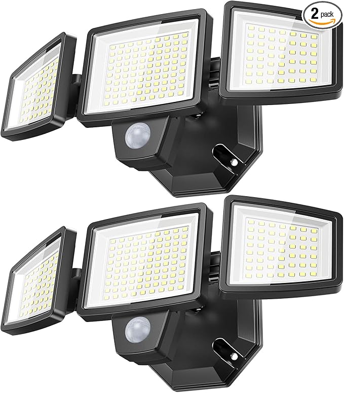 LED Security Lights Motion Sensor Outdoor Lights, 6500K Daylight, IP65 Waterproof, Dusk to Dawn, 3-Head Motion Detected Flood Light for Garage, Yard, Porch, 2Pack