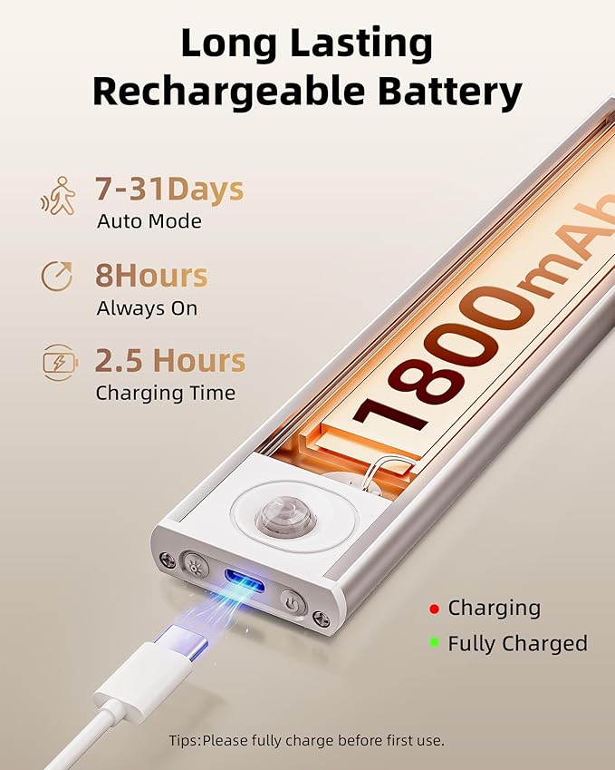 8inch Under Cabinet Lighting Wireless, 3-Pack Rechargeable Battery Motion Sensor Light Indoor, LED Closet Lights USB Charging, 3 Color Dimmable Under Cabinet Lights for Kitchen, Cabinet, Wardrobe.