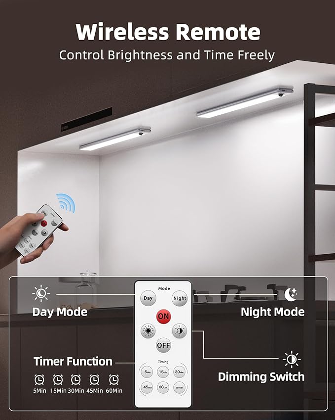 EZVALO 6 Pack Under Cabinet Lights, 14.5'' Magnetic Motion Sensor Light, 4000mAh Rechargeable Closet Light with Remote & Timer, Dimmable 5700K Cool White for Kitchen, Closet, Stairs, Hallway