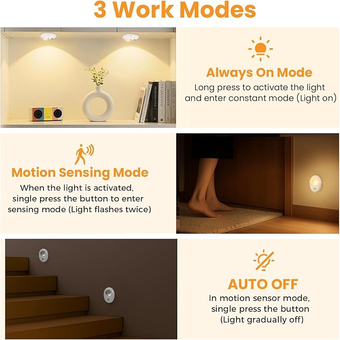 LED Motion Sensor Puck Lights, 3 Color Temps Dimmable Cabinet Light, Wireless Rechargeable Battery Operated Puck Lights, USB Magnetic Closet Light for Drawer, Shelf (4 Pack)