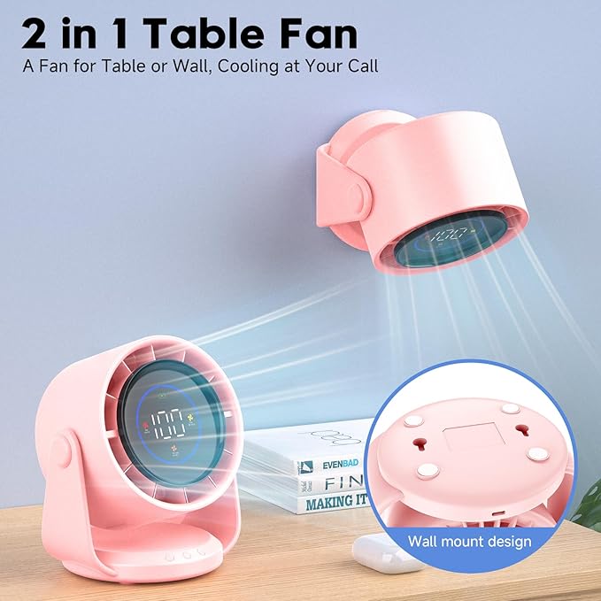 YOSHENMO Desk Fan, Turbo Table Fan for Bedroom, 100-Speed Digital Display, Low Noise, 105° Adjustable Tilt, 7.5-inch, Rechargeable Battery, Wall-Mouted Design for Home, Office, Travel Pink
