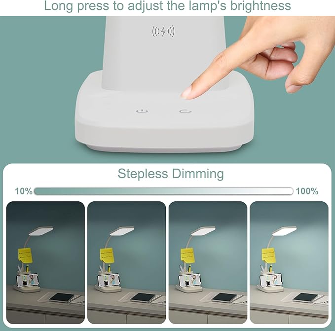 Upgraded LED Desk Lamp with Wireless Charger, White Small Desk Light with Pen Holder, 3 Color Modes, CRI 85, 800 Lumen, Study Lamps for College Dorm Room, Home Office, Adapter Included